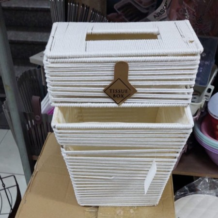 طقم سلة مهملات مع علبة محارم مجدول خيط رتان / قش صناعة يدوية